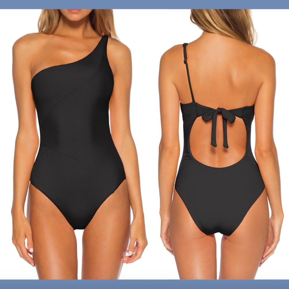 NEW $128 Becca‎ Fine Line One-Shoulder One-Piece Swimsuit Black [ Medium ]